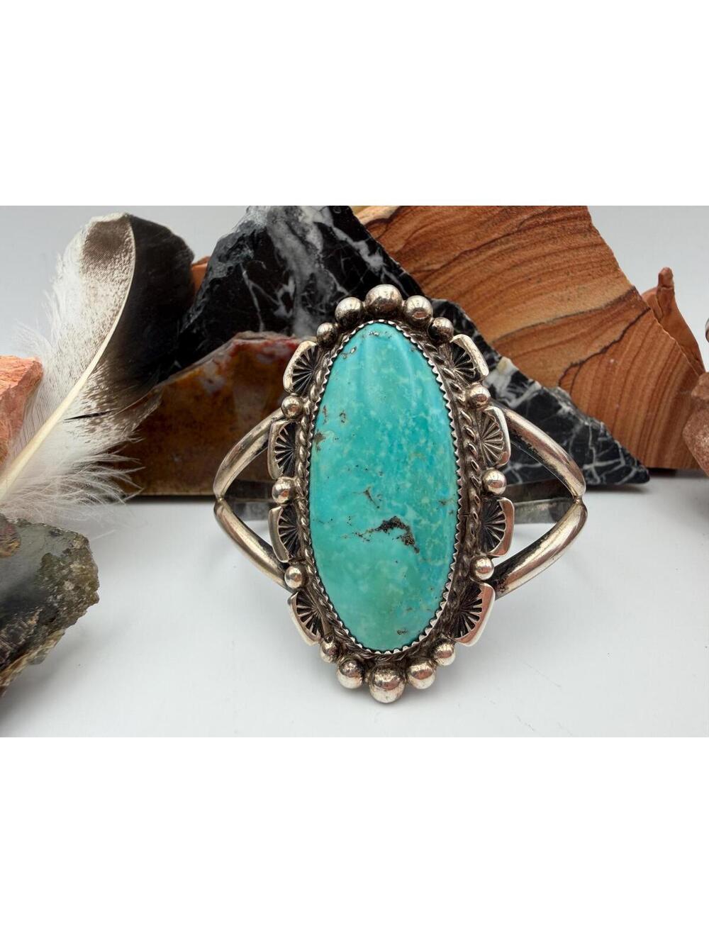 Vintage Native American Turquoise Sterling Silver Cuff Bracelet Chip Isaacs